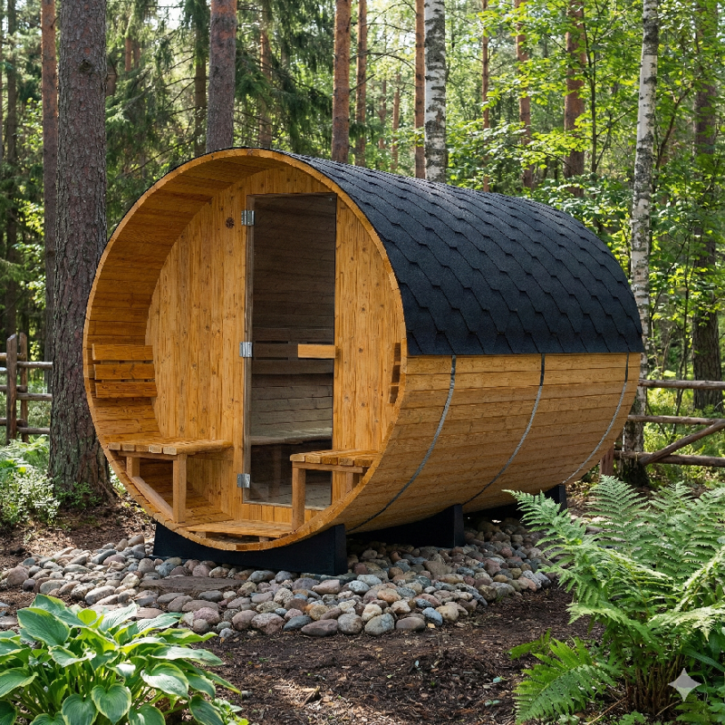 Lerax finská sudová sauna thermowood 300 poloprosklená zadní stěna